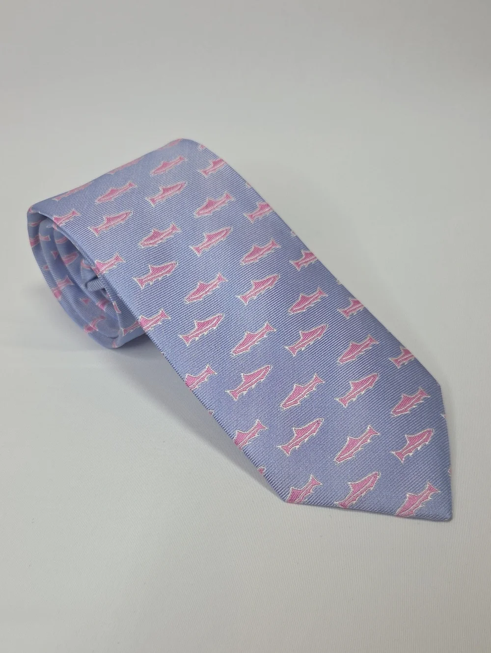 Collared Greens Kids Blue Silk Made In USA Tie W/ Pink Fish Print 2.75x49
